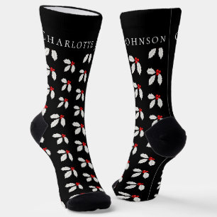 Gepersonaliseerde Holly Berry Black & White Kerstm Sokken