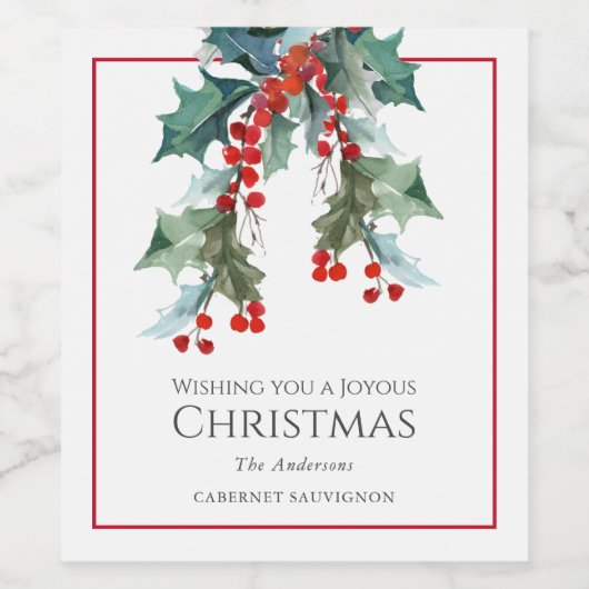 Gepersonaliseerde Holly en Berries Kerstvakantie Wijn Etiket (Enkel label)