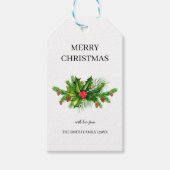 Gepersonaliseerde Holly Pine & Berry Merry Kerstmi Cadeaulabel (Voorkant)