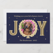 Gepersonaliseerde Hond Foto Blauw Goud Vreugde Ker Feestdagenkaart (Voorkant)