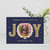 Gepersonaliseerde Hond Foto Blauw Goud Vreugde Ker Feestdagenkaart (Staand voorkant)