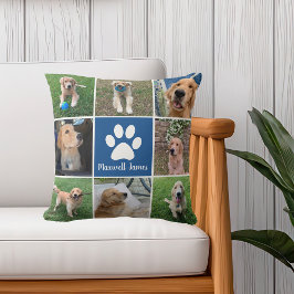 Gepersonaliseerde Hond Foto Collage Paw Print Blau Kussen