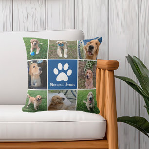 Gepersonaliseerde Hond Foto Collage Paw Print Blau Kussen