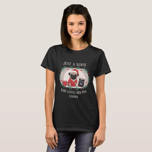 Gepersonaliseerde Hond Kerst Verpleegster Pug RN L T-shirt (Voorkant volledig)