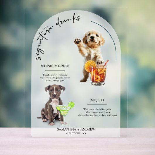 Gepersonaliseerde Hond Wedding Bar Drink Menu Acryl Bord (Neutraal)