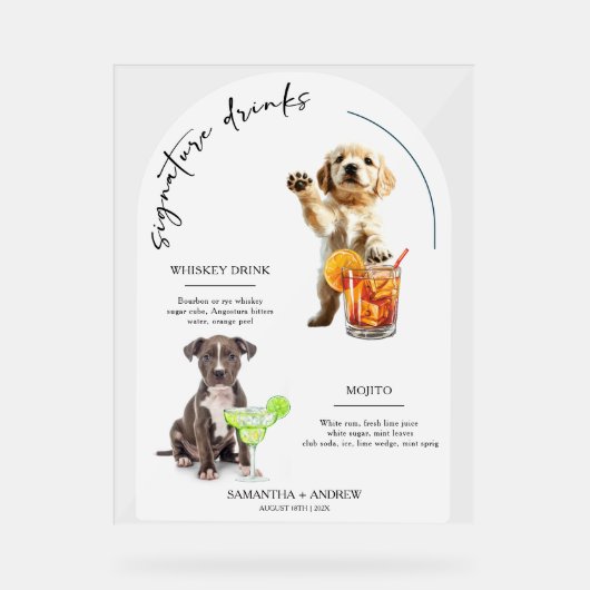 Gepersonaliseerde Hond Wedding Bar Drink Menu Acryl Bord (Voorkant)