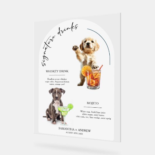 Gepersonaliseerde Hond Wedding Bar Drink Menu Acryl Bord (Hoek)