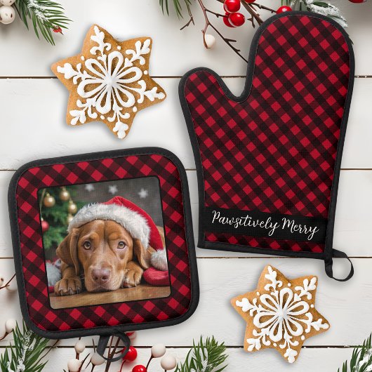 Gepersonaliseerde Hondenfoto Red Buffalo Plaid Ker Ovenwant & Pannenlap Set