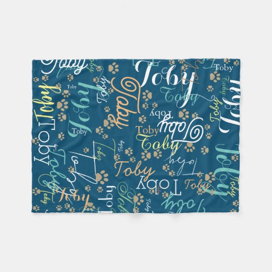 Gepersonaliseerde hondennaam & poten helemaal blau fleece deken (Voorkant (Horizontaal))