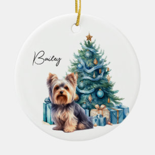 Gepersonaliseerde hondennaam Yorkie met kerstboom Keramisch Ornament