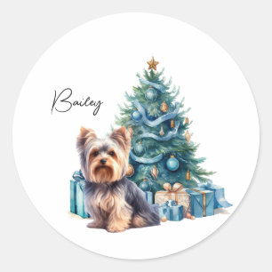 Gepersonaliseerde hondennaam Yorkie met kerstboom Ronde Sticker