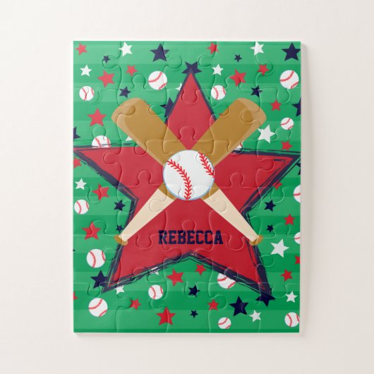 Gepersonaliseerde honkbal bats bal en sterren legpuzzel (Verticaal)