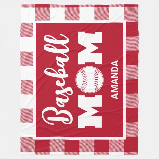 Gepersonaliseerde honkbal moeder naam Red Gingham  Fleece Deken (Voorkant)