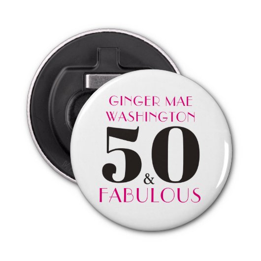Gepersonaliseerde Hot Pink 50 en fantastische verj Button Flesopener (Voorkant)