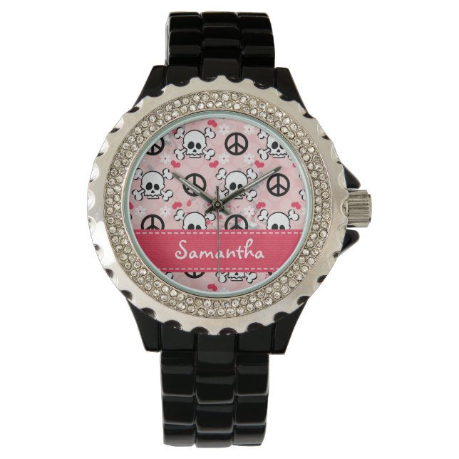 Gepersonaliseerde Hot Pink en Black Skull Horloge (Voorkant)