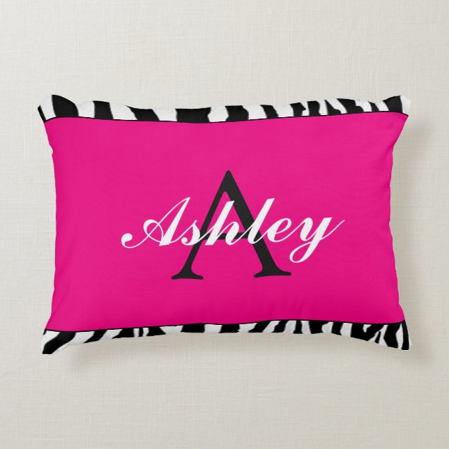 Gepersonaliseerde Hot Pink en Zebra Accent Kussen (Voorkant)