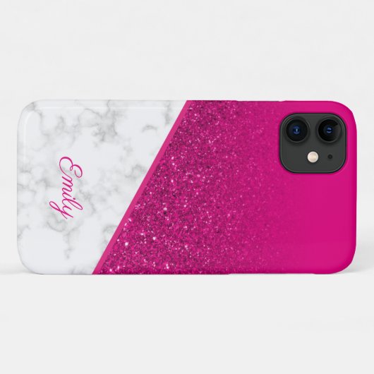 Gepersonaliseerde Hot Pink Glitter - Wit Marmeren Case-Mate iPhone Case (Achterkant (horizontaal))