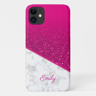 Gepersonaliseerde Hot Pink Glitter - Witte Marble  Case-Mate iPhone Case