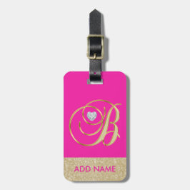 Gepersonaliseerde Hot Pink gouden monogram letter  Bagagelabel