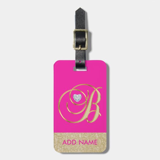 Gepersonaliseerde Hot Pink gouden monogram letter  Bagagelabel (Voorkant verticaal)