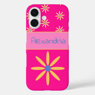 Gepersonaliseerde Hot Pink Retro Bloem iPhone 16 Hoesje