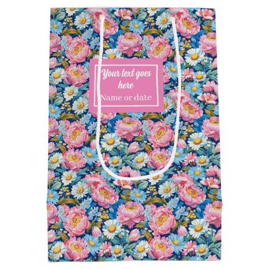 Gepersonaliseerde hot roze en blauwe bloemen cadea medium cadeauzakje (Achterkant)