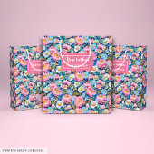 Gepersonaliseerde hot roze en blauwe bloemen cadea medium cadeauzakje