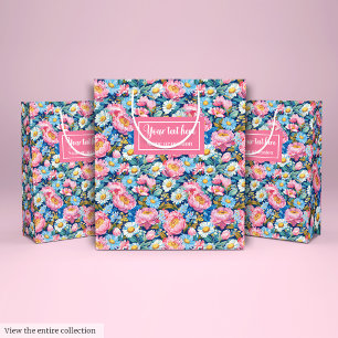 Gepersonaliseerde hot roze en blauwe bloemen cadea medium cadeauzakje