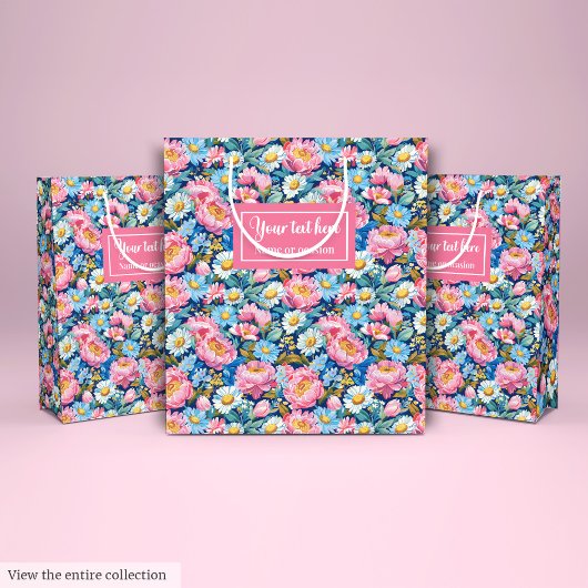 Gepersonaliseerde hot roze en blauwe bloemen cadea medium cadeauzakje