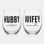 Gepersonaliseerde Hubby & Wifey Naam Wijnglas Zonder Voet (Voorkant)