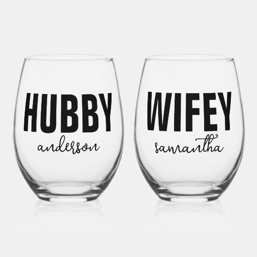 Gepersonaliseerde Hubby & Wifey Naam Wijnglas Zonder Voet (Voorkant)