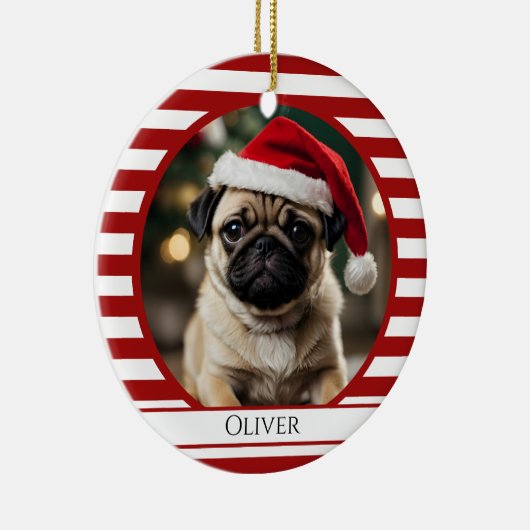 Gepersonaliseerde huisdier foto Candy Cane rode st Keramisch Ornament (Rechts)