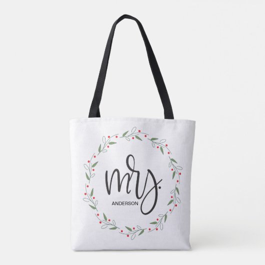 Gepersonaliseerde hulst krans Onze eerste kerst me Tote Bag (Achterkant)