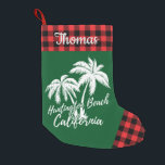 Gepersonaliseerde Huntington Beach California Palm Kleine Kerstsok<br><div class="desc">Gepersonaliseerde Huntington Beach California Palm Trees Groen Rood Plaid Geruite Kleine Kerst kous</div>