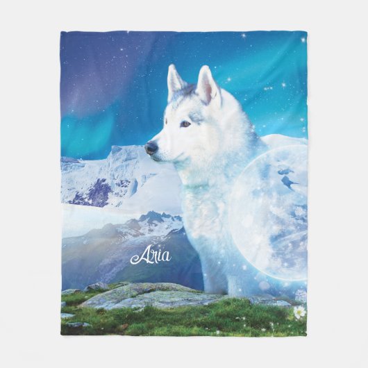 Gepersonaliseerde Husky hond met bergen Fleece Deken (Voorkant)