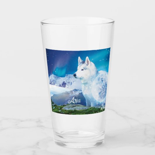Gepersonaliseerde Husky hond met bergen Glas (Voorkant)