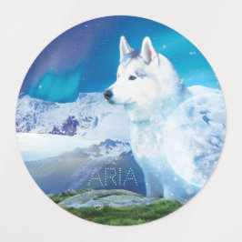 Gepersonaliseerde Husky hond met bergen Labels