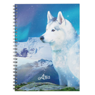 Gepersonaliseerde Husky hond met bergen Notitieboek