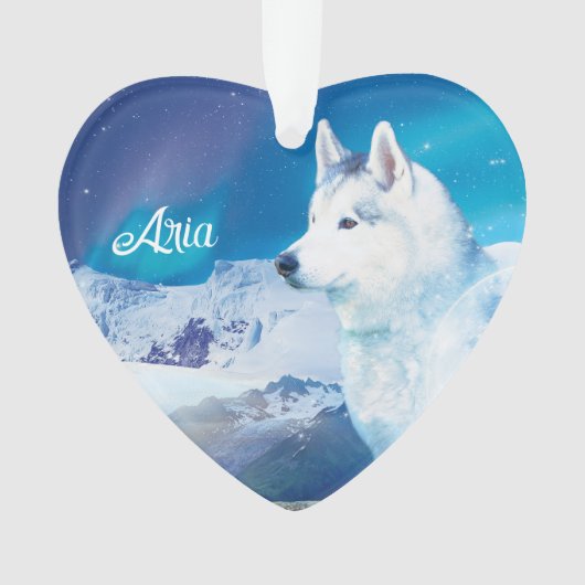 Gepersonaliseerde Husky hond met bergen Ornament (voorkant)