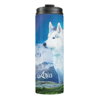 Gepersonaliseerde Husky hond met bergen Thermosbeker