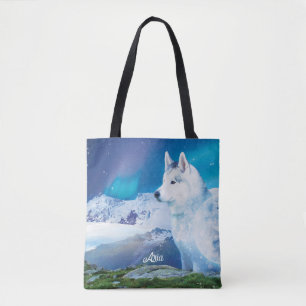 Gepersonaliseerde Husky hond met bergen Tote Bag