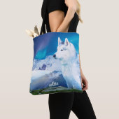 Gepersonaliseerde Husky hond met bergen Tote Bag (Dichtbij)