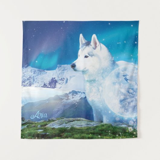 Gepersonaliseerde Husky hond met bergen Wandkleed (Voorkant)