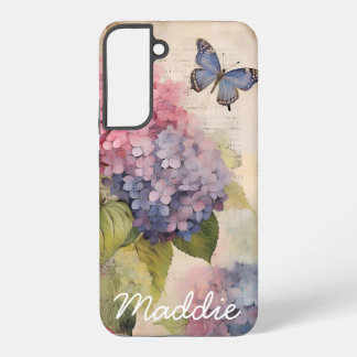 Gepersonaliseerde Hydrangea en Butterfly Blue Samsung Galaxy Hoesje