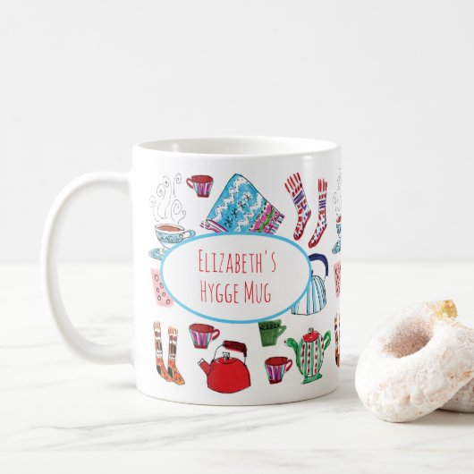 Gepersonaliseerde hygge Hand Drawn Retro Cozy Wint Koffiemok (Met donut)