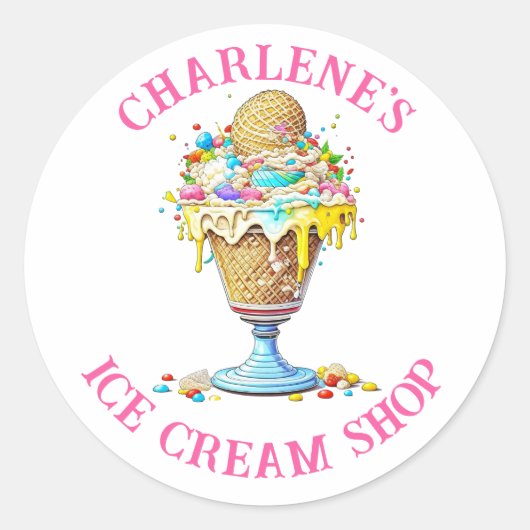 Gepersonaliseerde Ice Cream Shop salon Business Ronde Sticker (Voorkant)