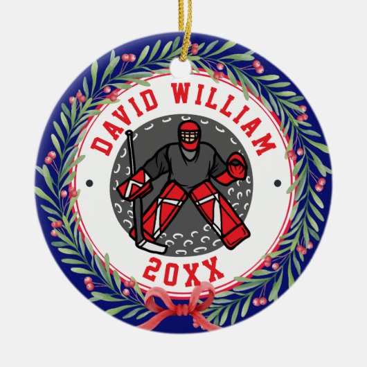 Gepersonaliseerde Ice Hockey Speler Naam Kerstcade Keramisch Ornament (Voorkant)