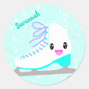 Gepersonaliseerde ijsschaatsen Blue Kawaii kunstsc Ronde Sticker