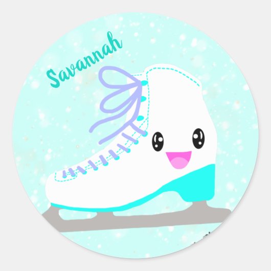 Gepersonaliseerde ijsschaatsen Blue Kawaii kunstsc Ronde Sticker (Voorkant)
