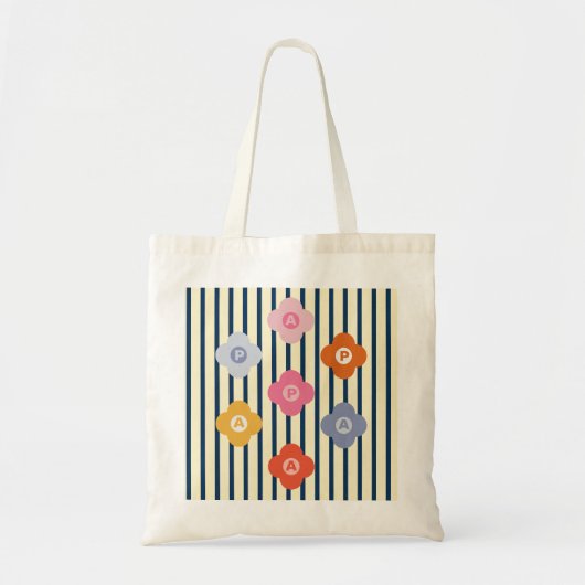 Gepersonaliseerde Initiaal Bloemen Strepen Multico Tote Bag (Voorkant)